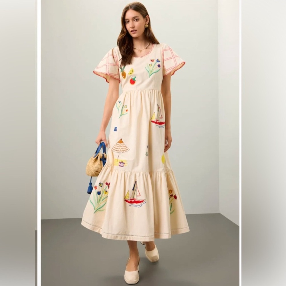 Hunter Bell Marley Cream‎ Fruit Sailboat Embroidered teacher Midi Dress 8 - Picture 2 of 7